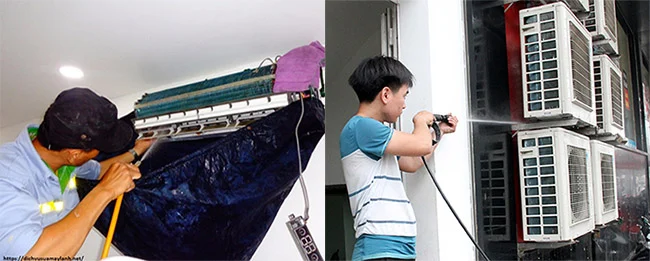 Cách vệ sinh máy lạnh thông thường là chỉ trùm bạt máy treo trên tường rồi xịt rửa tại chỗ