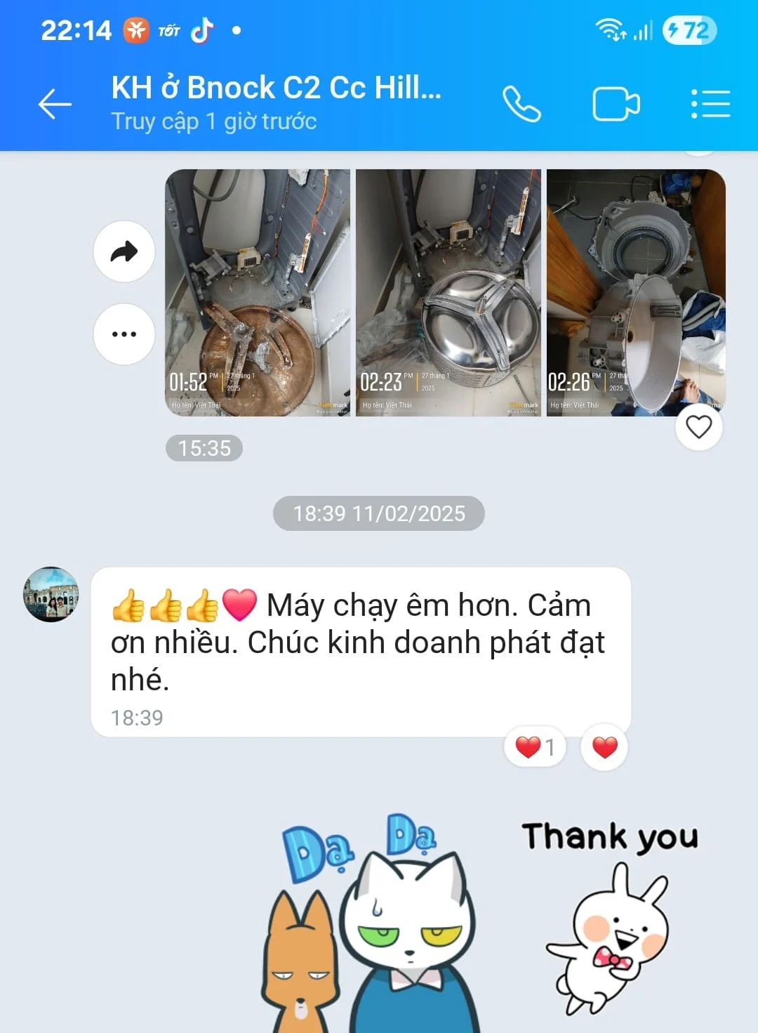 Khách hàng đánh giá tốt chất lượng dịch vụ thay chảng ba máy giặt electrolux của Việt Thái;