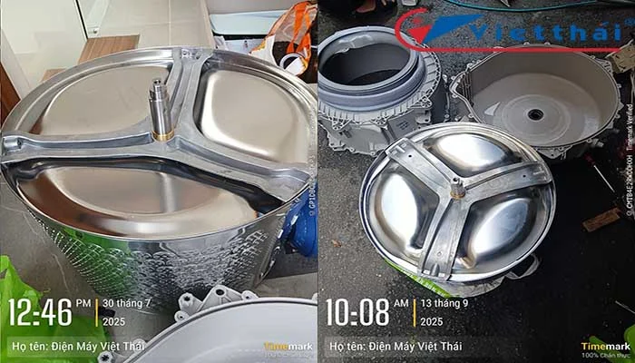 KTV Việt Thái ráp chảng ba máy giặt vào inox rất dễ dàng và đúng kỹ thuật